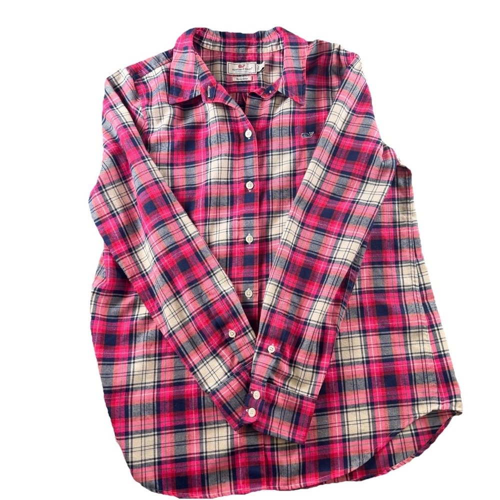 VINEYARD VINES Fuchsia Navy Gingham Plaid Cotton Cashmere Flannel Shirt Size 4 - Picture 1 of 9